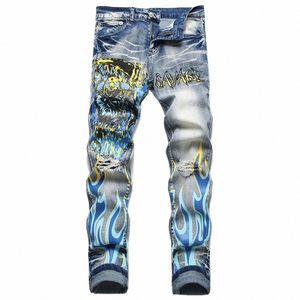 Hommes Imprimer Stretch Denim Jeans Fi Flame Savage Motif Pantalon Trous Ripped Distred Bleu Slim Pantalon Fuselé V0zc #