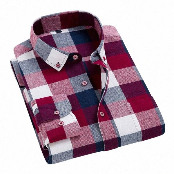 Hombres impresos a cuadros Casual LG manga camisa de lujo de alta calidad cómoda suave franela primavera otoño Fi marca camisas H0GH #