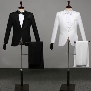 Hommes Costumes De Bal Hommes Châle Revers Blanc Noir TwoPiece Veste Pantalon Costume Mince Soirée Stage Show Performance Costume De Mariage 201106