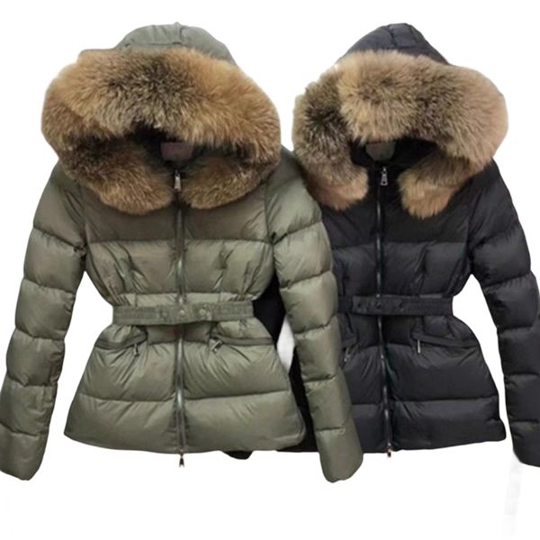 Veste bouffante avec col en poils de raton laveur pour homme, parka chaude à la mode avec ceinture, manteau en coton, grande poche