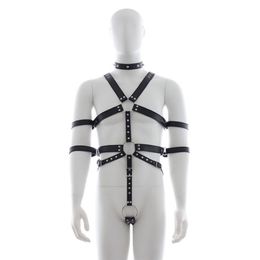 Mannen Punk Klinknagel Lederen Harnas Body Bondage Kooi Bustier Corset Sculptin lederen Bretels Bretels Broek Sexy Mannelijke belt211m