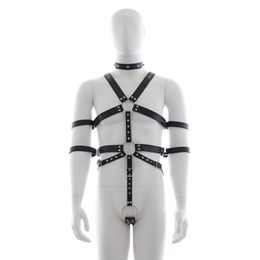 Mannen Punk Klinknagel Lederen Harnas Body Bondage Kooi Bustier Corset Sculptin lederen Bretels Bretels Broek Sexy Mannelijke belt224a