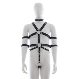 Mannen Punk Klinknagel Lederen Harnas Body Bondage Kooi Bustier Corset Sculptin lederen Bretels Bretels Broek Sexy Mannelijke belt292z