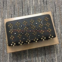 Men Turn -stijl Pansen Pandschilderd Spiked Clutch Dames Wallets Patent Leather Mixed Color Rivets Tas Koppelingen Lady Lange portemonnees met Spikes Box+Dust Red Bottoms Bag