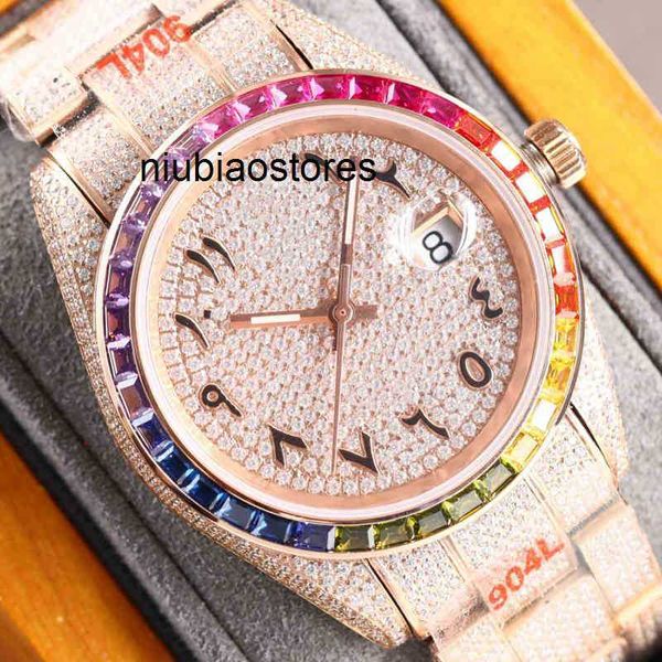Men Rainbow Bezel Diamond Watch Gold Gold Numerales Árabe Automático 2824 Movimiento CZ Luxury Out Watches Sapphire Glass 904L LZAC