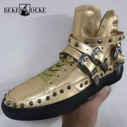 MEN Echt lederen high-top casual schoenen veter klinknagels Designer Gold Trainers Buckle Strap Breathable Outdoor Sneakers Man 240509