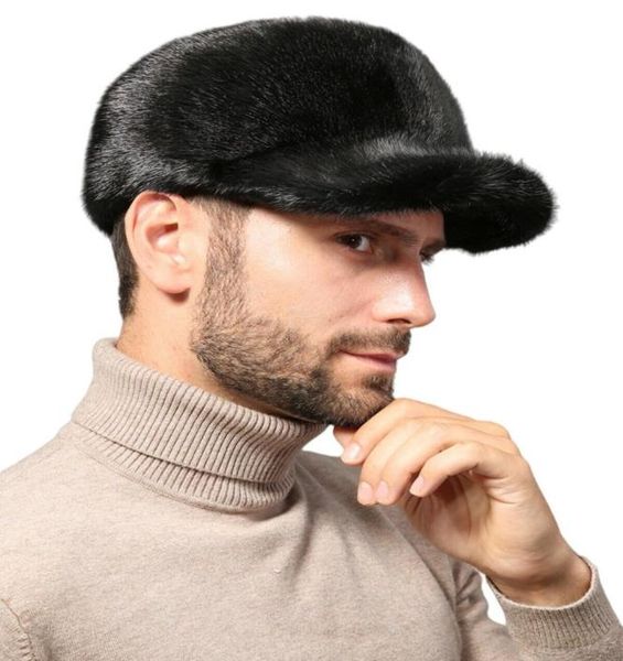 Hombres real Mink Fur con gorra de pico de invierno Cálida de béisbol Wathing Outdoor Travel Black8623224