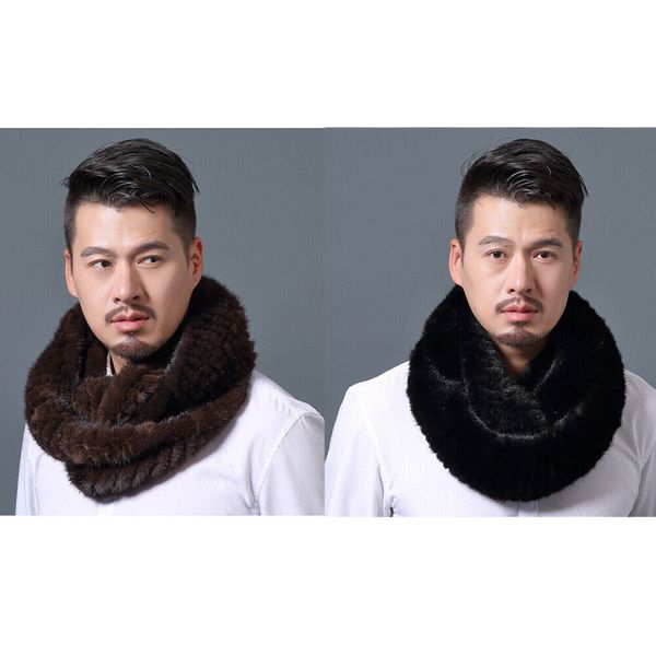 Bufanda de piel de visón real para hombre, pañuelo para el cuello, silenciador cálido de invierno, tejido ajustado, negro y marrón