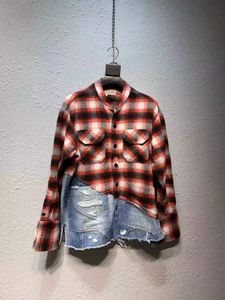 Hommes Rouge Plaid Flanelle Patchwork Denim Distressed Shirt Oversize Fit Chemises décontractées pour hommes