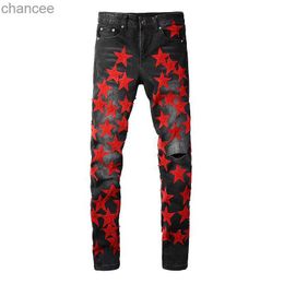 Hommes étoiles rouges patchs Denim extensible jean Streetwear trous déchiré pantalon maigre pantalon effilé HKD230829