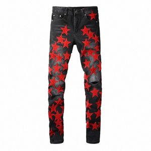 Hommes Red Stars Patchs Stretch Denim Jeans Streetwear Trous Pantalon déchiré Pantalon Skinny Fuselé E3lT #
