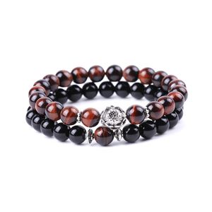 Mannen rode tijger oog steen armband Boeddha lotus charms handgemaakte 8mm balck kralen armbanden zomer vrouwen sieraden cadeau