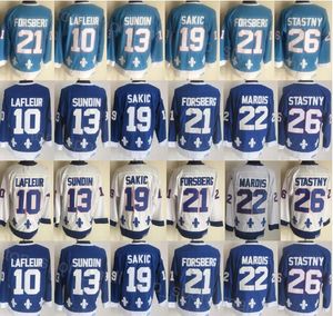 Uomo Retro Hockey 13 Mats Sundin Jersey Retire 19 Joe Sakic 21 Peter Forsberg 26 Peter Stastny 10 Guy Lafleur 22 Marois Vintage Classic Navy Blue White Stitched