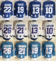 Hommes Rétro Hockey 13 Mats Sundin Jersey Vintage Classique 19 Joe Sakic 21 Peter Forsberg 26 Peter Stastny 10 Guy Lafleur Bleu Marine Blanc Équipe E 34