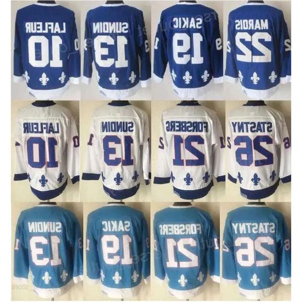 Hommes Rétro Hockey 13 Mats Sundin Jersey Vintage Classique 19 Joe Sakic 21 Peter Forsberg 26 Peter Stastny 10 Guy Lafleur Bleu Marine Blanc Équipe 15