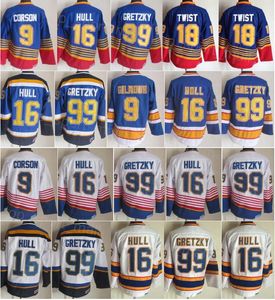 Heren Retro Hockey 16 Brett Hull Jersey Vintage Classic 9 Doug Gilmour 99 Wayne Gretzky 18 Tony Twist 2 Al Macinnis 44 Chris Pronger 1995 1996 CCM Gestikt Rood Blauw Wit