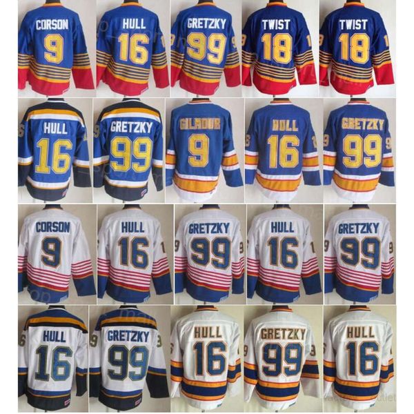 Hommes Retro Hockey 16 Brett Hull Jerseys Vintage Classic 9 Doug Gilmour 99 Wayne Gretzky 18 Tony Twist 2 Al Macinnis 44 Chris Pronger 1995 1996 CCM cousu rouge bleu blanc