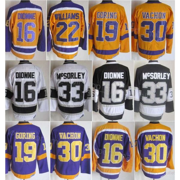 Hommes Retro Hockey 16 Marcel Dionne Jerseys 30 Rogatien Vachon 33 Marty McSorley 22 Tiger Williams 19 Butch Goring Vintage Classic Broderie Retraite pour les fans de sport