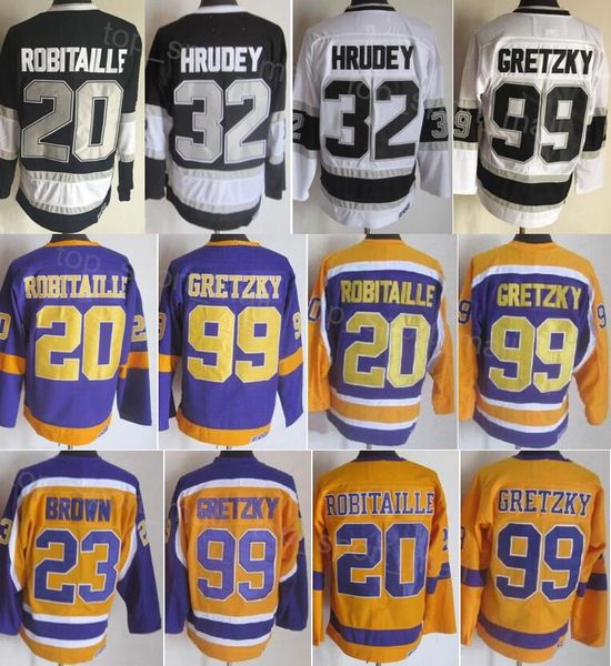Hommes Rétro Hockey 23 Dustin Brown Jersey Vintage Classique 99 Wayne Gretzky 20 Luc Robitaille 32 Kelly Hrudey Retraite Tout Cousu Noir Blanc Jaune Violet Couleur de l'équipe