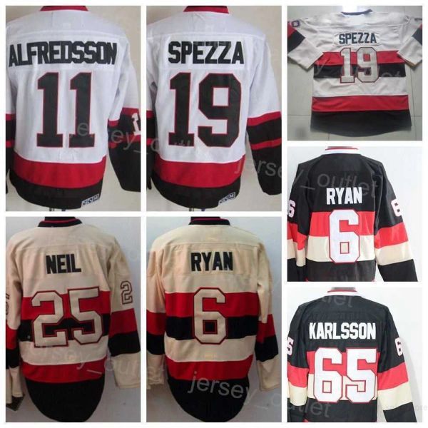 Hombres Retro Hockey 25 Chris Neil Jersey Vintage Classic 11 Daniel Alfredsson 6 Bobby Ryan 65 Erik Karlsson 19 Jason Spezza Negro Blanco Beige 79