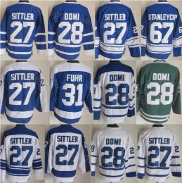 Hommes Rétro Hockey 27 Darryl Sittler Jersey Vintage Classique 28 Tie Domi 31 Grant Fuhr 67 Stanleycup Bleu Blanc Vert Couleur de l'équipe 75e Anniversaire