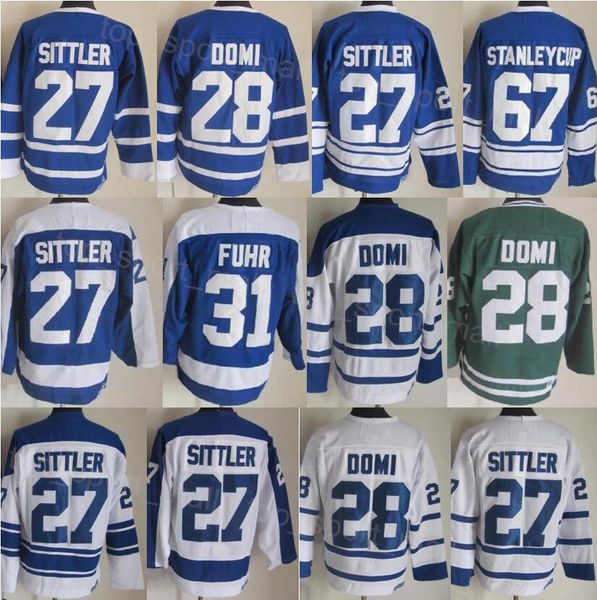 Hombres Retro Hockey 27 Darryl Sittler Jersey Vintage Classic 28 Tie Domi 31 Grant Fuhr 67 Stanleycup Azul Blanco Verde Color del equipo 75 aniversario Bordado y costura