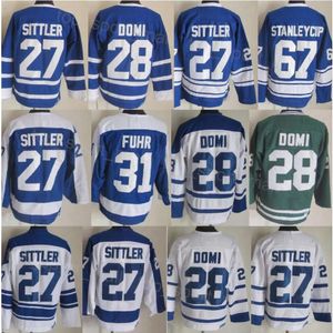 Heren Retro Hockey 27 Darryl Sittler Jerseys Vintage Classic 28 Tie Domi 31 Grant Fuhr 67 Stanleycup Blauw Wit Groen Teamkleur 75e verjaardag Borduren en naaien