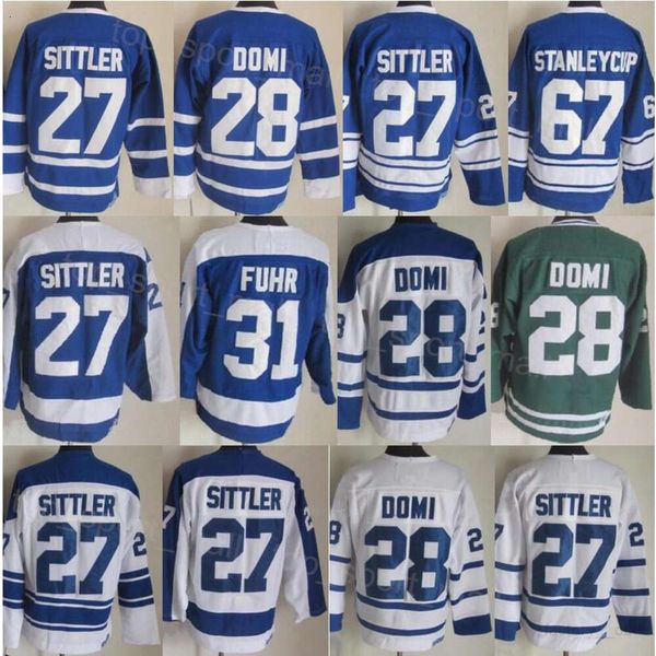 Hommes Rétro Hockey 27 Darryl Sittler Jerseys Vintage Classique 28 Tie Domi 31 Grant Fuhr 67 Stanleycup Bleu Blanc Vert Équipe Couleur 75e Anniversaire Broderie Et Couture