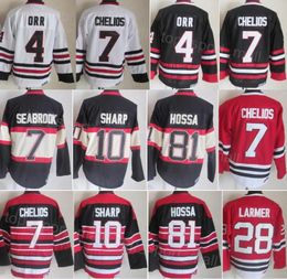 Heren Retro Hockey 4 Bobby Orr Jersey Vintage Classic 7 Chris Chelios 10 Patrick Sharp 81 Marian Hossa 28 Steve Larmer 3 Pierre Pilote 8 Bill Mosienko Zwart Rood Wit