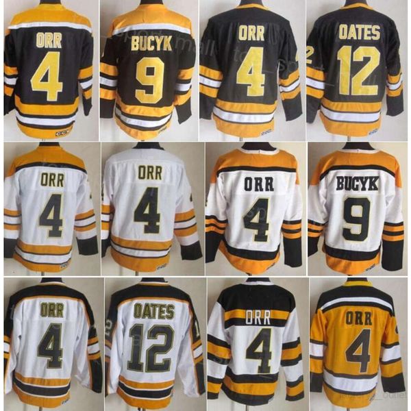 Hombres Retro Hockey 4 Bobby Orr Jerseys 9 Johnny Bucyk 12 Adam Oates Vintage Classic 75 Aniversario CCM Negro Blanco Amarillo Color del equipo Retirarse cosido para los fanáticos del deporte