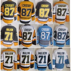 Hommes Rétro Hockey 87 Sidney Crosby Jerseys 71 Evgeni Malkin Vintage Classique CCM Retraite Équipe Couleur Noir Blanc Bleu Jaune Tout Cousu Pour Les Fans De Sport Respirant
