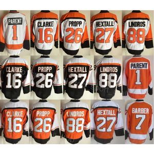 Hommes Rétro Hockey 88 Eric Lindros Jerseys 16 Bobby Clarke 27 Ron Hextall 26 Brian Propp 1 Bernie Parent 7 Bill Barber 8 Dave Schultz Vintage Cousu Noir Orange Blanc