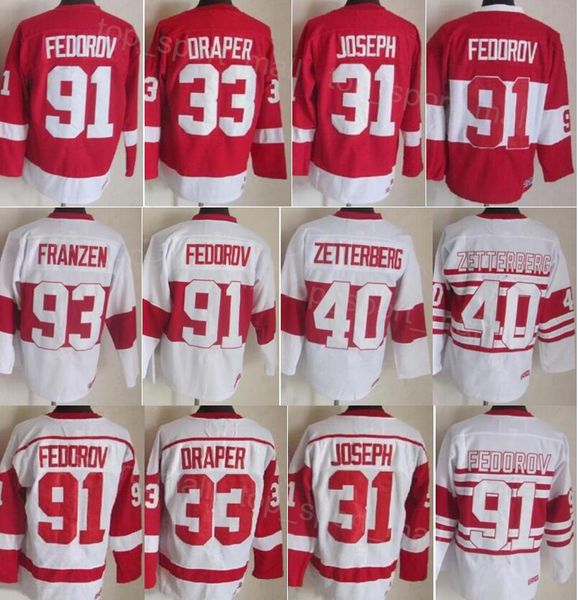 Hombres Retro Hockey 91 Sergei Fedorov Jersey Vintage 40 Henrik Zetterberg 33 Kris Draper 31 Curtis Joseph 93 Johan Franzen 4 Gordie Howe 1 Terry Sawchuk 7 Ted Lindsay