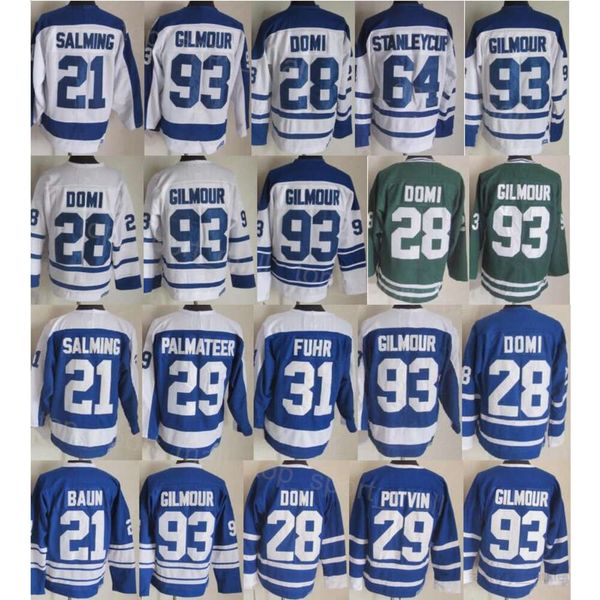 Hombres Retro Hockey 93 Doug Gilmour Jerseys 75 aniversario 29 Mike Palmateer 21 Borje Salming 64 Stanleycup 29 Felix Potvin Vintage Classic Retirar todo cosido Venta