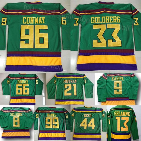 Hommes Rétro Hockey 96 Charlie Conway Jerseys Film Vert 1993 Vintage Classique 21 Dean Portman 44 Fulton Reed 33 Greg Goldberg 66 Gordon Bombay 99 Adam Banks Broderie