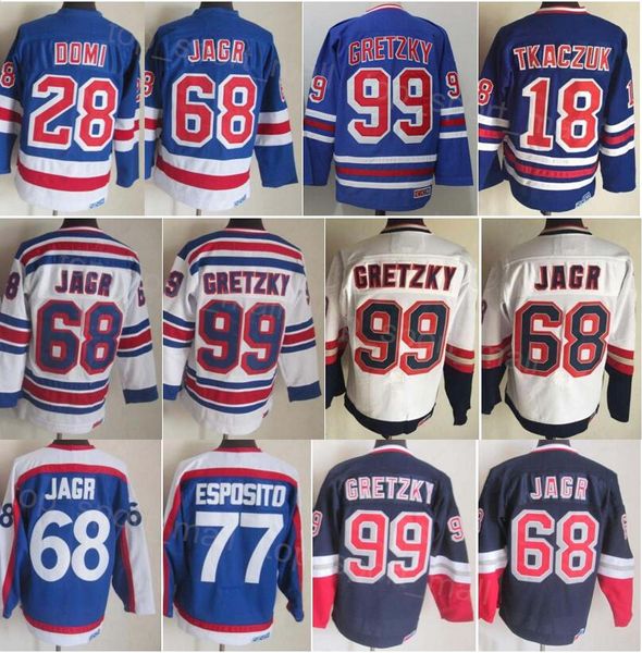 Hommes Rétro Hockey 99 Wayne Gretzky Jersey CCM Retraite 68 Jaromir Jagr 77 Phil Esposito 28 Tie Domi 18 Walt Tkaczuk Vintage Classique 91-92 75e Anniversaire Cousu