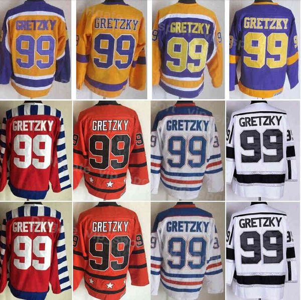 Hombres Retro Hockey Jersey 99 Wayne Gretzky Bordado clásico vintage y cosido Negro Blanco Azul marino Naranja Púrpura Amarillo Rojo Deporte en casa B