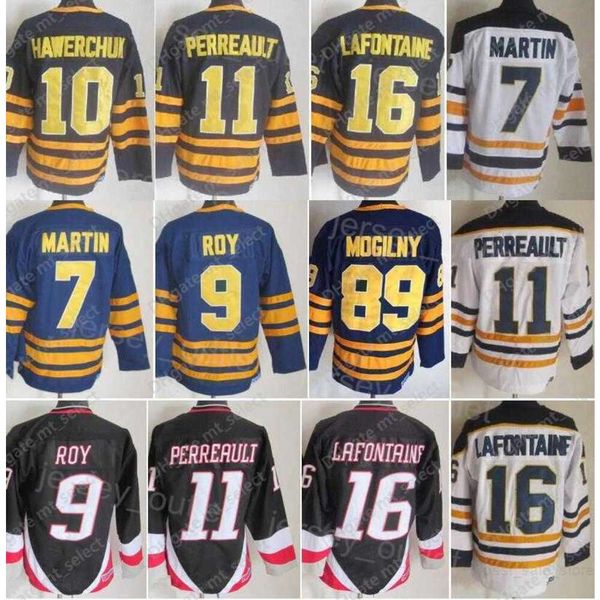 Hombres Retro hockey''nHl'' 16 Pat LaFontaine Jersey Vintage Classic 7 Rick Martin 9 Derek Roy 10 Hawerchuk 11 Gilbert Perreault 89 Mogilny Azul marino