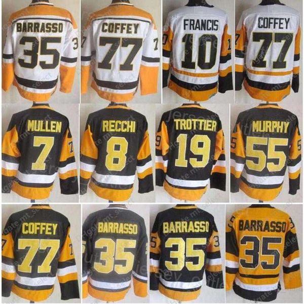 Hombres Retro hockey''nHl'' 35 Tom Barrasso Jersey Vintage Classic 77 Paul Coffey 19 Bryan Trottier 8 Mark Recchi 7 Joe Mullen 10 Ron Francis 55 Larry