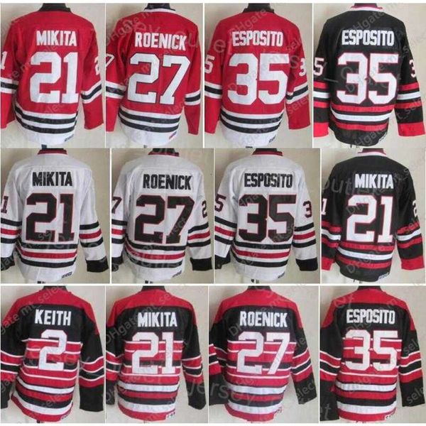 Hombres Retro hockey''nHl'' 35 Tony Esposito Jersey Vintage Classic 27 Jeremy Roenick 21 Stan Mikita 2 Duncan Keith Equipo de bordado y costura Negro