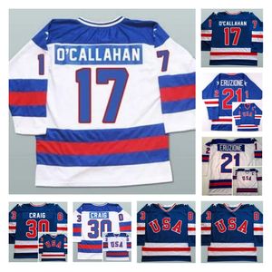 Men Retro Ice Hockey Jerseys 1980 USA 17 Jack Ocallahan 21 Mike Eruzione 30 Jim Craig Sticthed Blue White Alternate