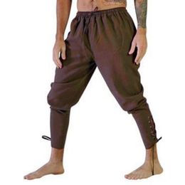 Mannen Retro Middeleeuwse Kostuum Lace-Up Bandage Broek LARP Capris Broek Vintage Katoenen Joggers Voor Mannen Sneldrogende Casual 3XL