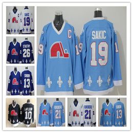 Men Retro Québec Nordiques Jerseys Hockey 19 Joe Sakic 21 Forsberg 13 Mats Sundin 26 Peter Stasy 10 Guy Lafleur Blue blanc noir uniformes noirs