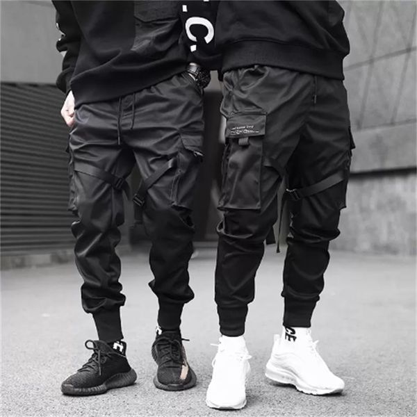 Pantalon Cargo avec rubans pour hommes, bloc de couleurs, poche noire, jogging Harem noir, survêtement Harajuku, pantalon Hip Hop, taille asiatique S-3XL