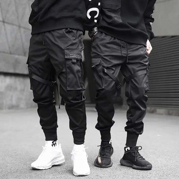 Pantalones de bloques de color con cintas para hombre, pantalones de chándal Cargo de harén con bolsillo negro, pantalones de chándal Harajuku, pantalones de Hip Hop 15