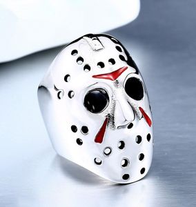 Men Ring 316L Titanium stalen motorrijder Jason Voorhees Hockey Mask met rode kleur Antieke ring sieraden Maat 7144099356