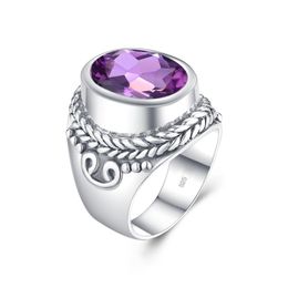 Hombres Ring Real 925 Sterling Silver Big Amathyst Anillos para mujer Diseñador hecho a mano Oval Gemstone Classic Party Fine Joyería Regalo 2020