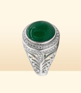 Les hommes sonnent avec une pierre d'agate verte naturelle 925 argent sterling vintage creux design turcs élégants bijoux gifr pour les femmes masculines2755073