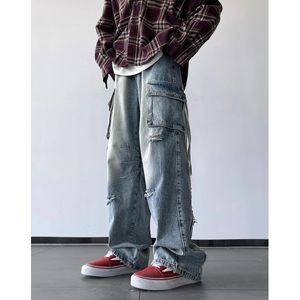 Mannen Gescheurde Gaten Cargo jeans Mode Bramen Vintage Blauw Streetwear Casual Denim Broek Unisex Hip Hop Patchwork Jean Broek 240122