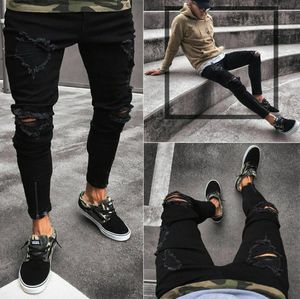 Mannen scheurde jeans slank fit denim broek vernietigd Frayed broek mode hiphop casual ritsgat enkel lengte potlood broek 7343519